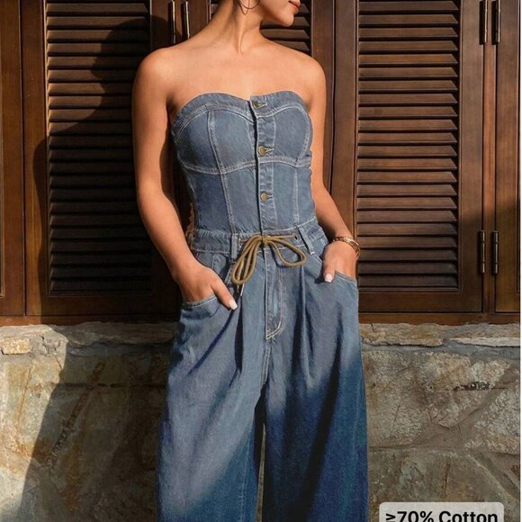 NWOT Drawstring Waist Tube Jumpsuit With Wide Leg Jeans - Picture 4 of 6